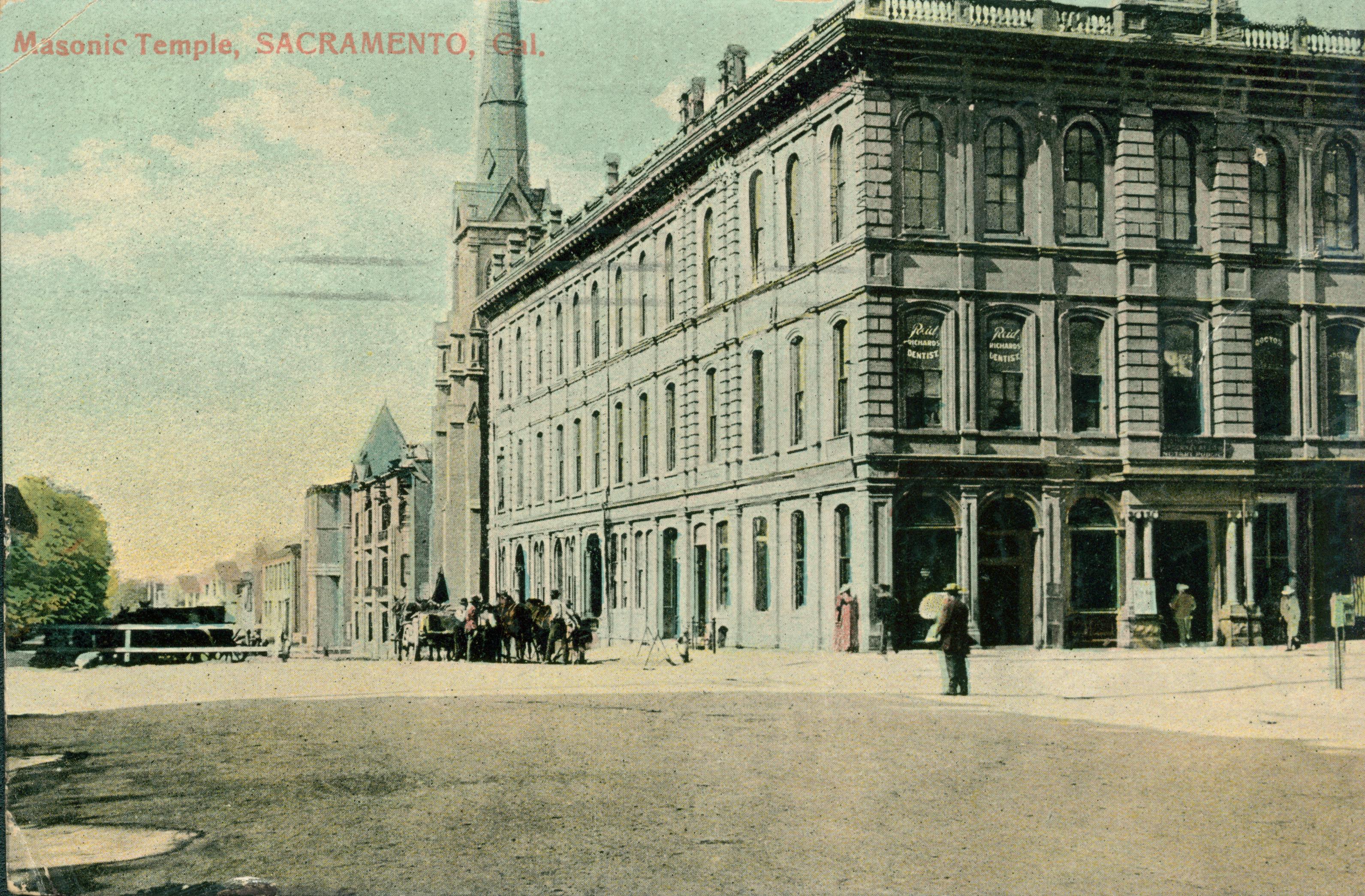 This postcard shows a corner view of the Masonic Temple in Sacramento.